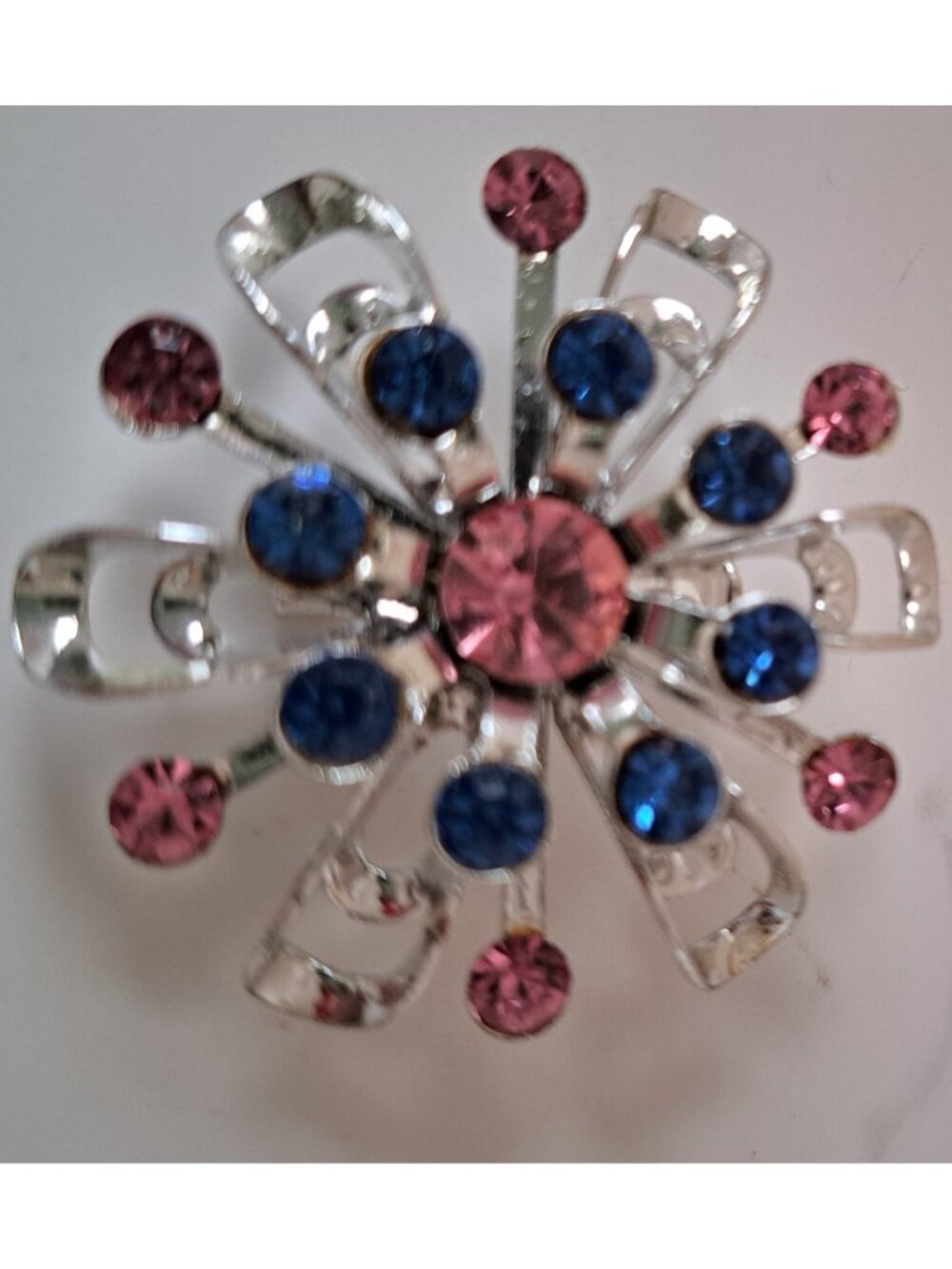 Vintage Ladies Pin Brooch Silver Tone Pink Blue Crystal Rhinestones